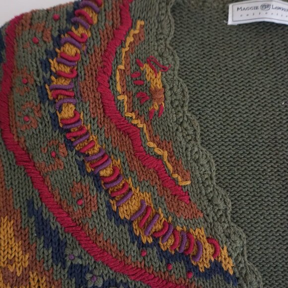 Vintage Maggie Lawrence Olive Embroidered Cardigan Cottagecore Aesthetic L - Picture 9 of 11